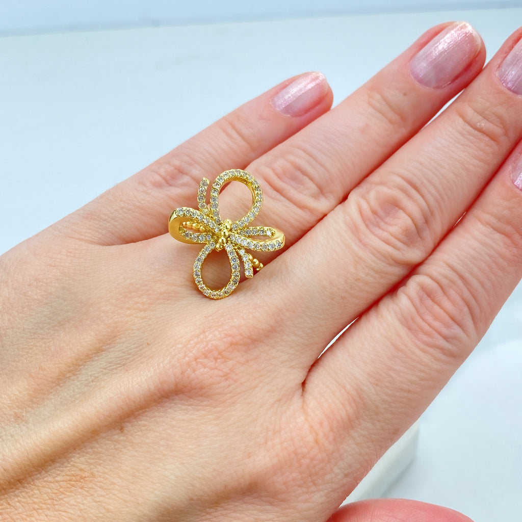 18k Gold Filled 3D Ribbon Bow Ring featuring Micro CZ | Adjustable Ring