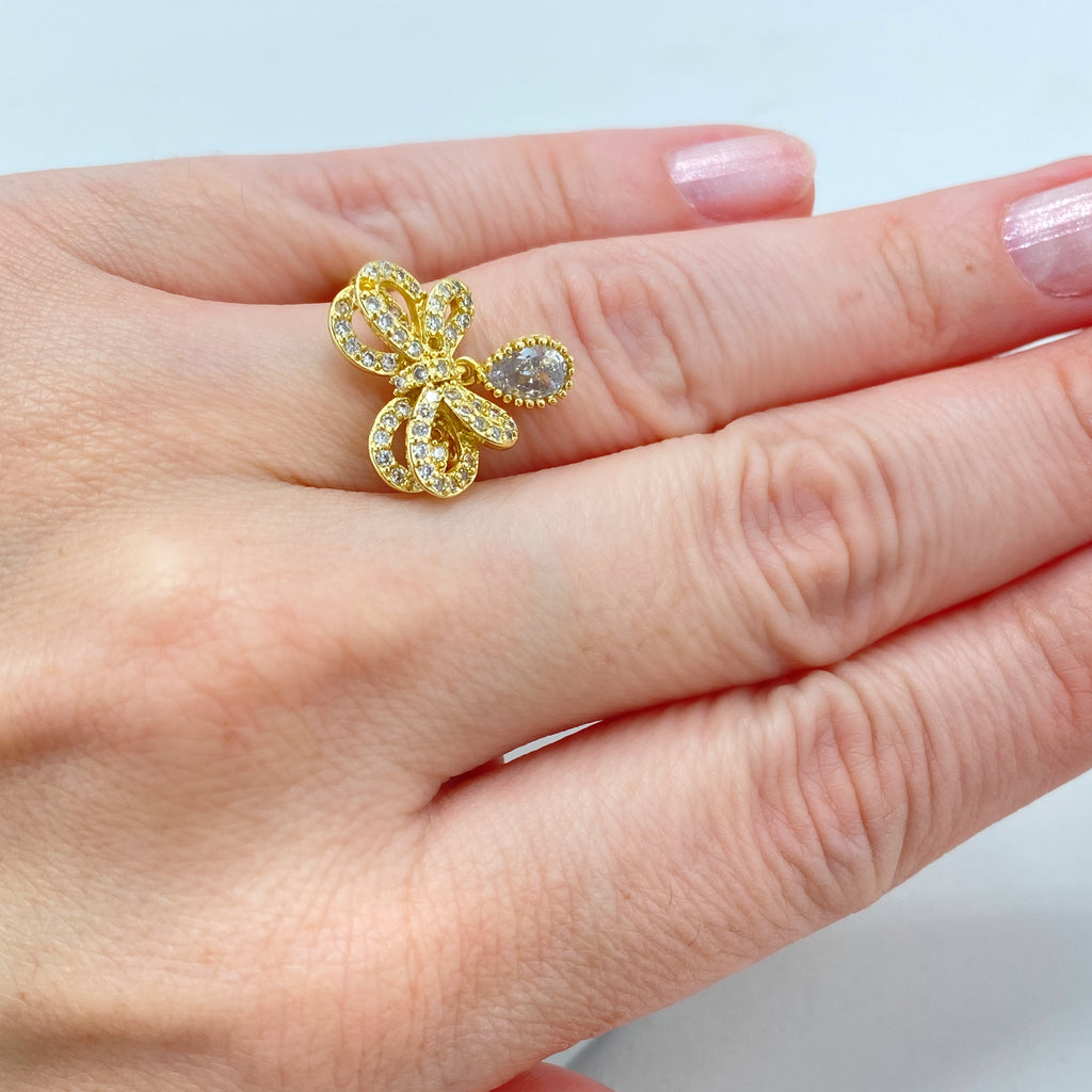 18k Gold Filled Ribbon Bow Ring featuring Micro CZ | Adjustable Ring