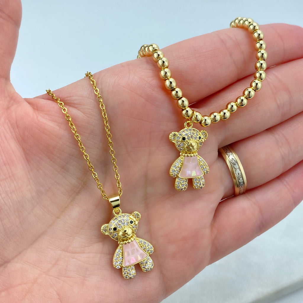 Stainless Steel Cute Teddy Bear Charm Featuring CZ Necklace or Beaded Bracelet