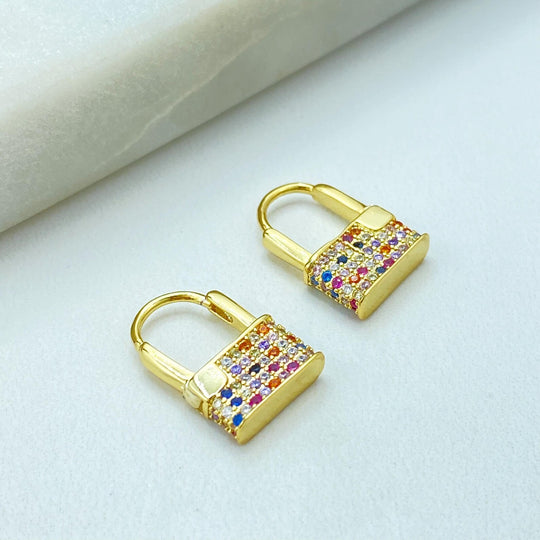 18K Gold Filled Padlock Hoop Earrings — Multicolor CZ