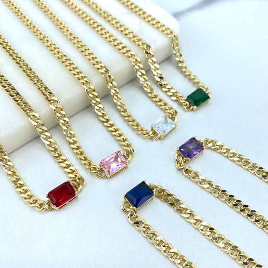 18k Gold Filled Solitaire Gemstone Flat Curb Link Chain Necklace