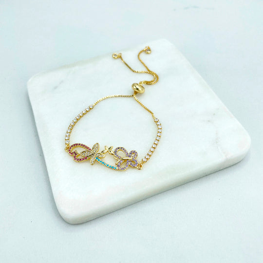 18k Gold Filled Box Chain & Sided CZ Adjustable Bracelet with Charms in Different Styles