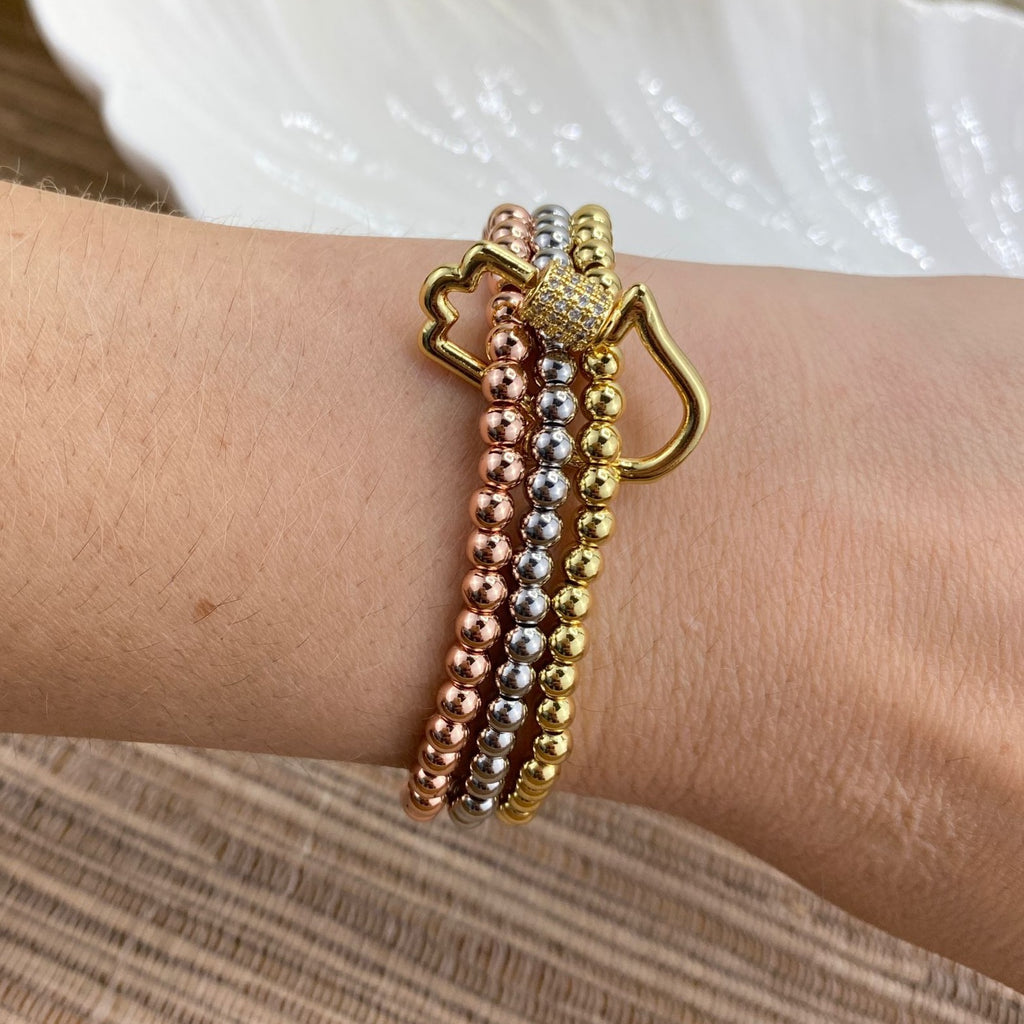 18k Gold Filled Three Tone 4mm Beads Elastic & Stackable Bracelet with Micro CZ Hamsa Hand