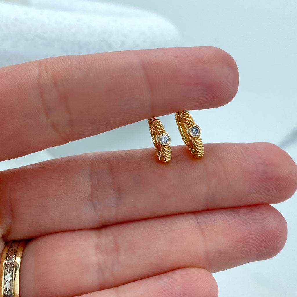 14k Solid Gold Huggie Earrings Twisted Style featuring Clear CZ, 14k Solid Yellow Gold CZ Twisted Huggie Earrings