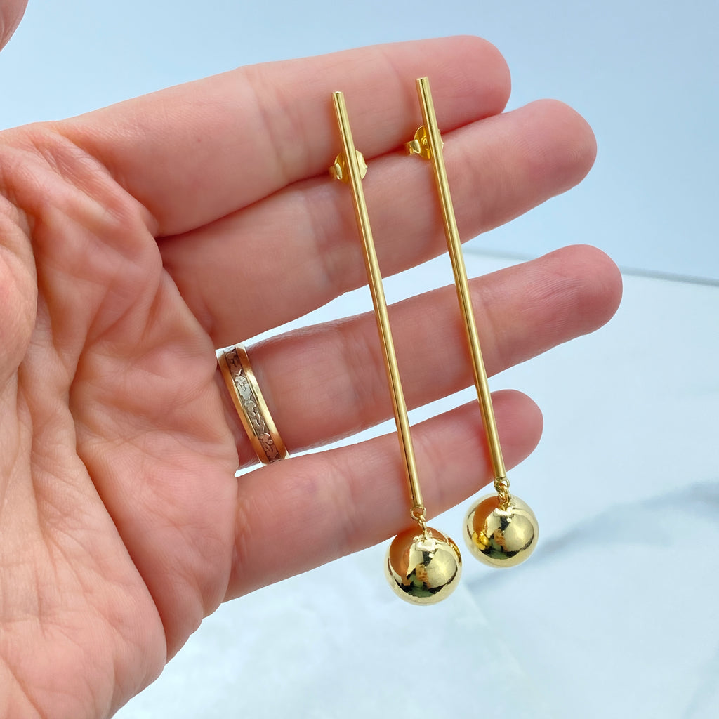 18K Gold Filled Stick & Drop Earrings, Gold Ball Dangle Earrings, Stick and Ball Drop Earrings