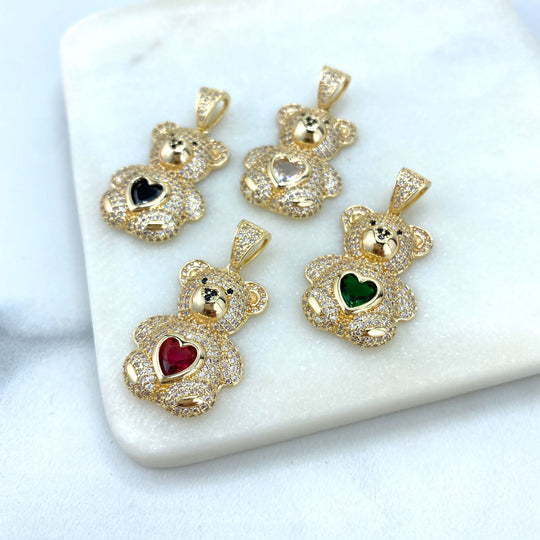 18k Gold Filled Teddy Bear Charm with Micro CZ and Colored Heart Zirconia on Center