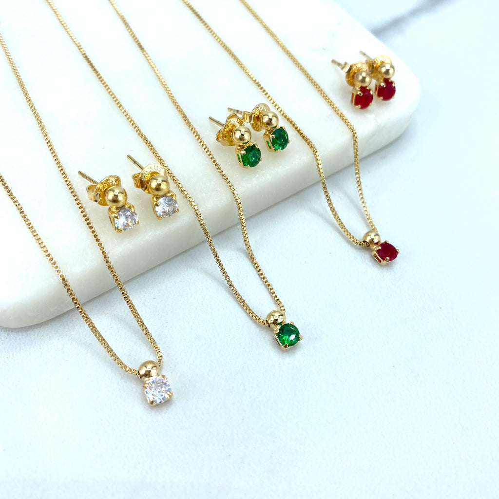 18k Gold Filled Set, Red, Clear or Green Solitaire Zirconia Circle Shape & Gold Ball