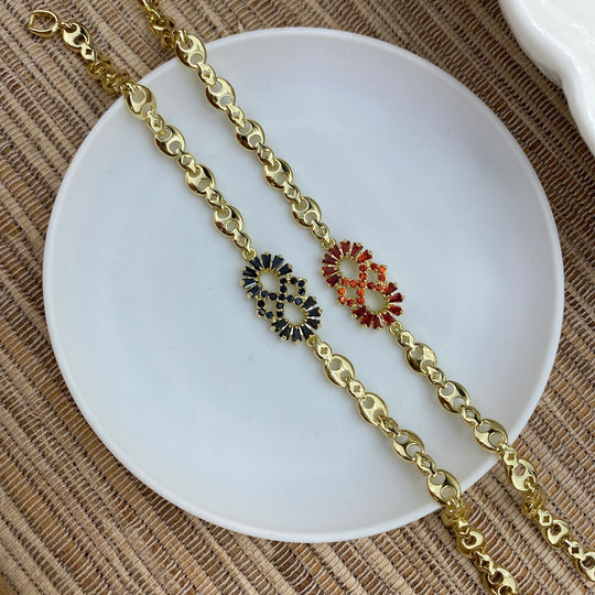 18k Gold Filled 6mm Puffed Mariner Anchor Chain Bracelet, Red or Black CZ Infinity Charm