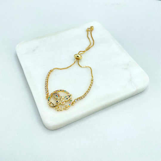 18k Gold Filled Box Chain & Sided CZ Adjustable Bracelet with Charms in Different Styles