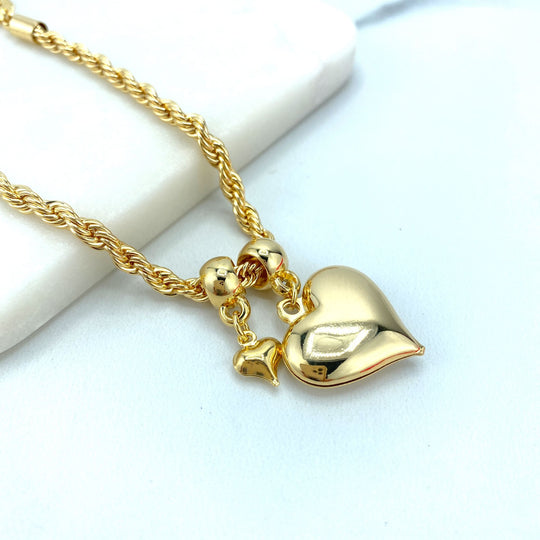 18k Gold Filled 2mm Rope Chain and Extender, with Two Puffed Dangle Bracelet