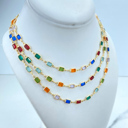 18k Gold-Filled Rainbow Crystal Necklace, Rectangular Multicolor Stone Design, 3 Different Sizes