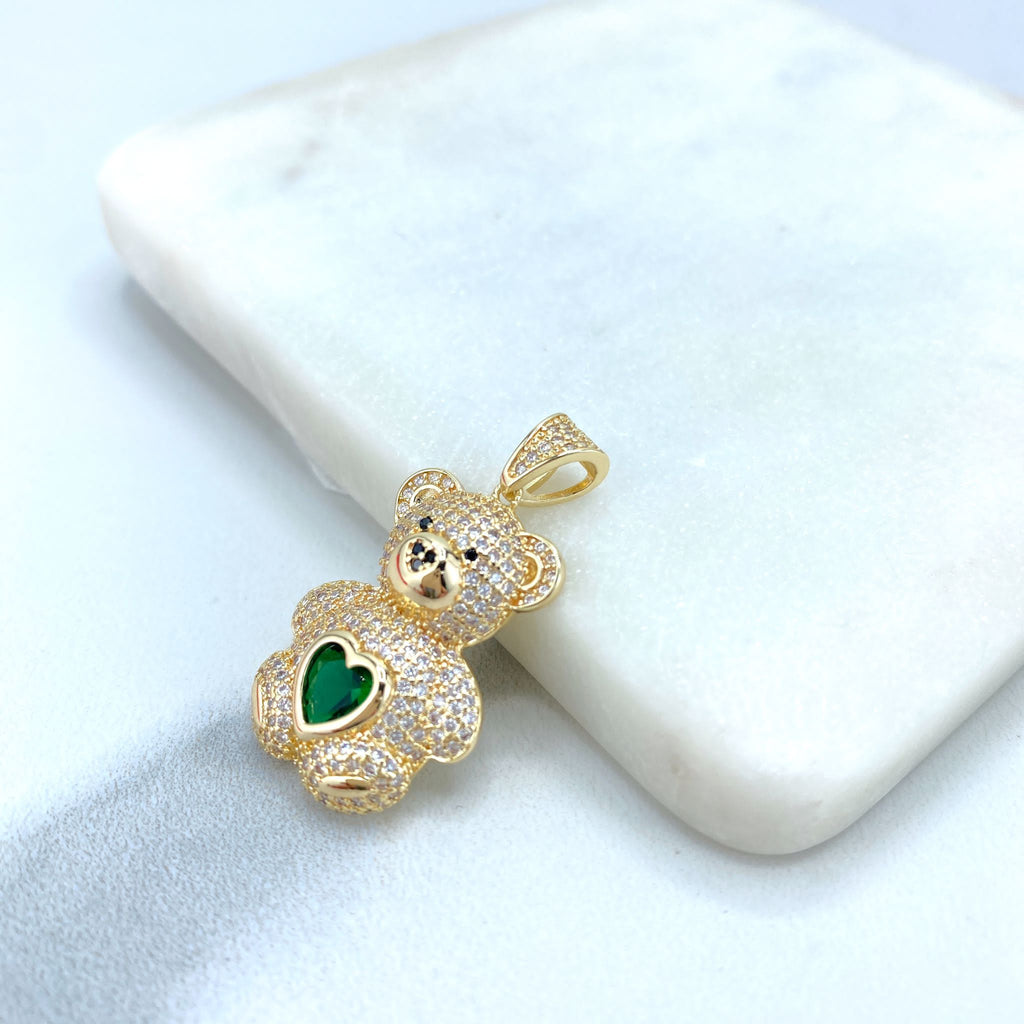 18k Gold Filled Teddy Bear Charm with Micro CZ and Colored Heart Zirconia on Center