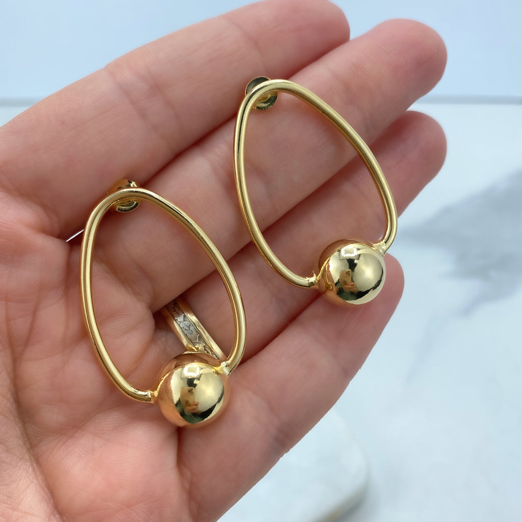 18K Gold Filled Oval Hoop Earrings Style with 12mm Gold Bead, Minimalist Hoop Earrings, Stud Ball Hoop, Fine Jewelry