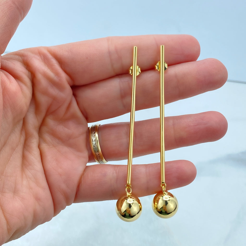 18K Gold Filled Stick & Drop Earrings, Gold Ball Dangle Earrings, Stick and Ball Drop Earrings