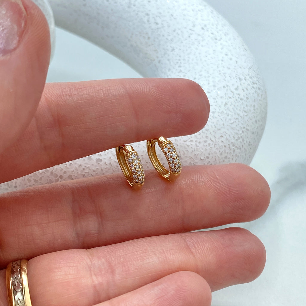 14k Solid Gold Huggie Earrings featuring Clear CZ, 14k Solid Yellow Gold Classic CZ Huggie Earrings