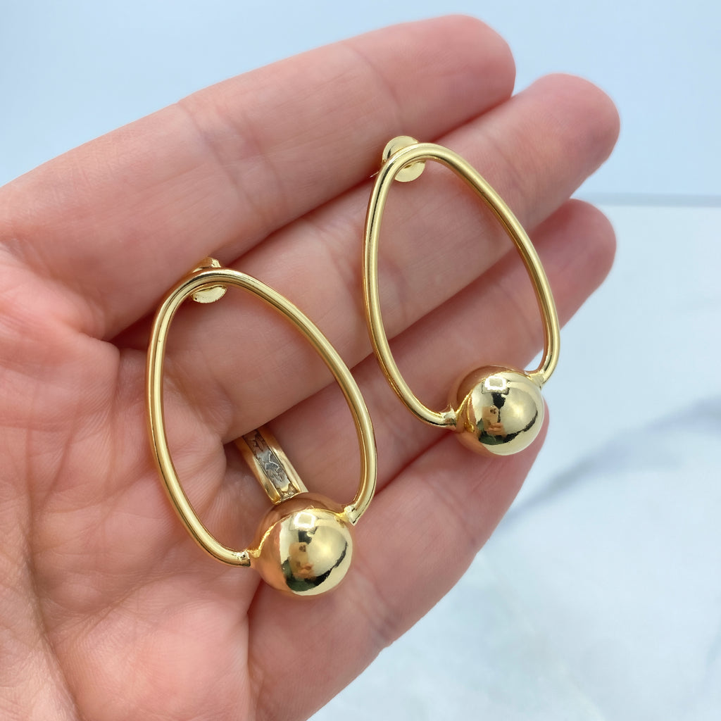 18K Gold Filled Oval Hoop Earrings Style with 12mm Gold Bead, Minimalist Hoop Earrings, Stud Ball Hoop, Fine Jewelry