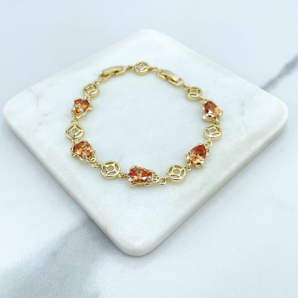 18k Gold Filled Amber Cubic Zirconia Frogs and Cutout Circles Linked Bracelet