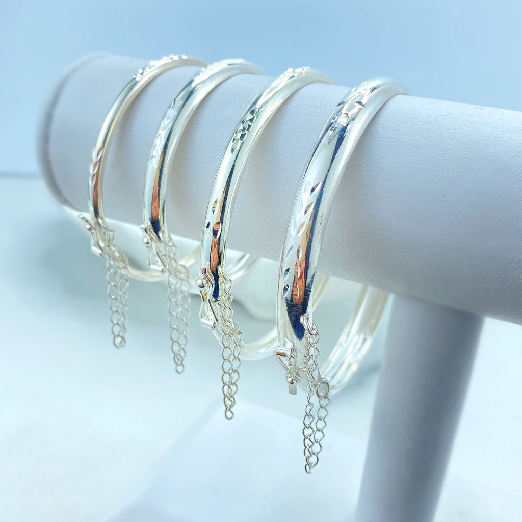 Silver Filled Bangle Bracelets with Safety Clasp and Chain, Florentine Engraved, Available in Adult and Kids Sizes, Mommy and Me Bracelets