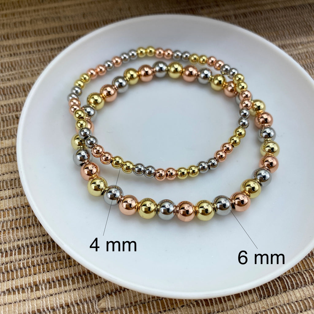 18k Gold Filled Three Tone 6mm Beads Stackable Elastic Bracelet