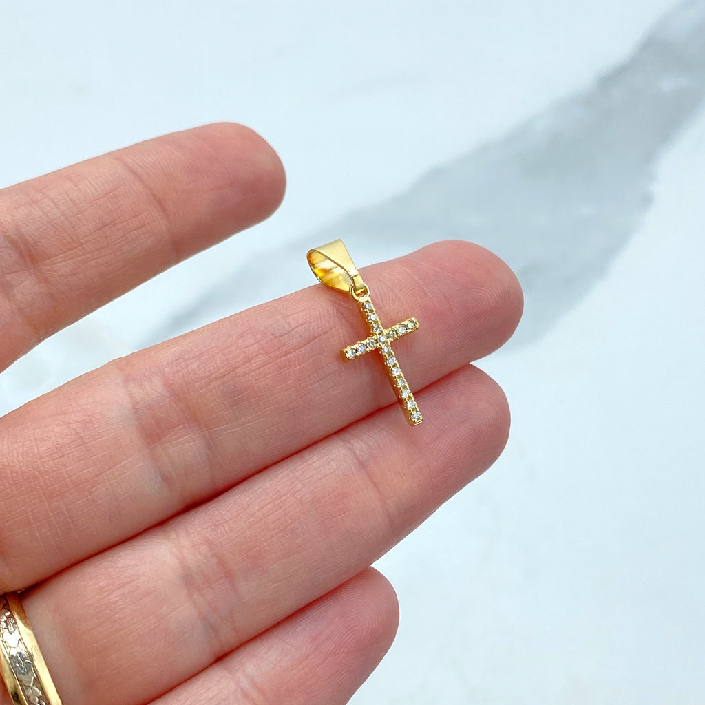 18k Gold Filled Petite Cross Charm featuring Pave Micro Cubic Zirconia, Religious Diy Charm