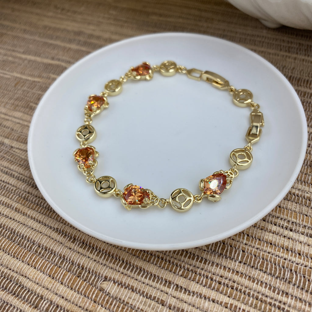 18k Gold Filled Amber Cubic Zirconia Frogs and Cutout Circles Linked Bracelet