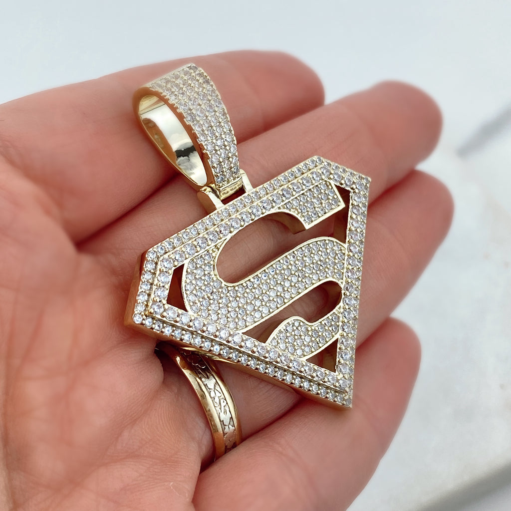 18k Gold Filled Cubic Zirconia Pave Superman Pendant