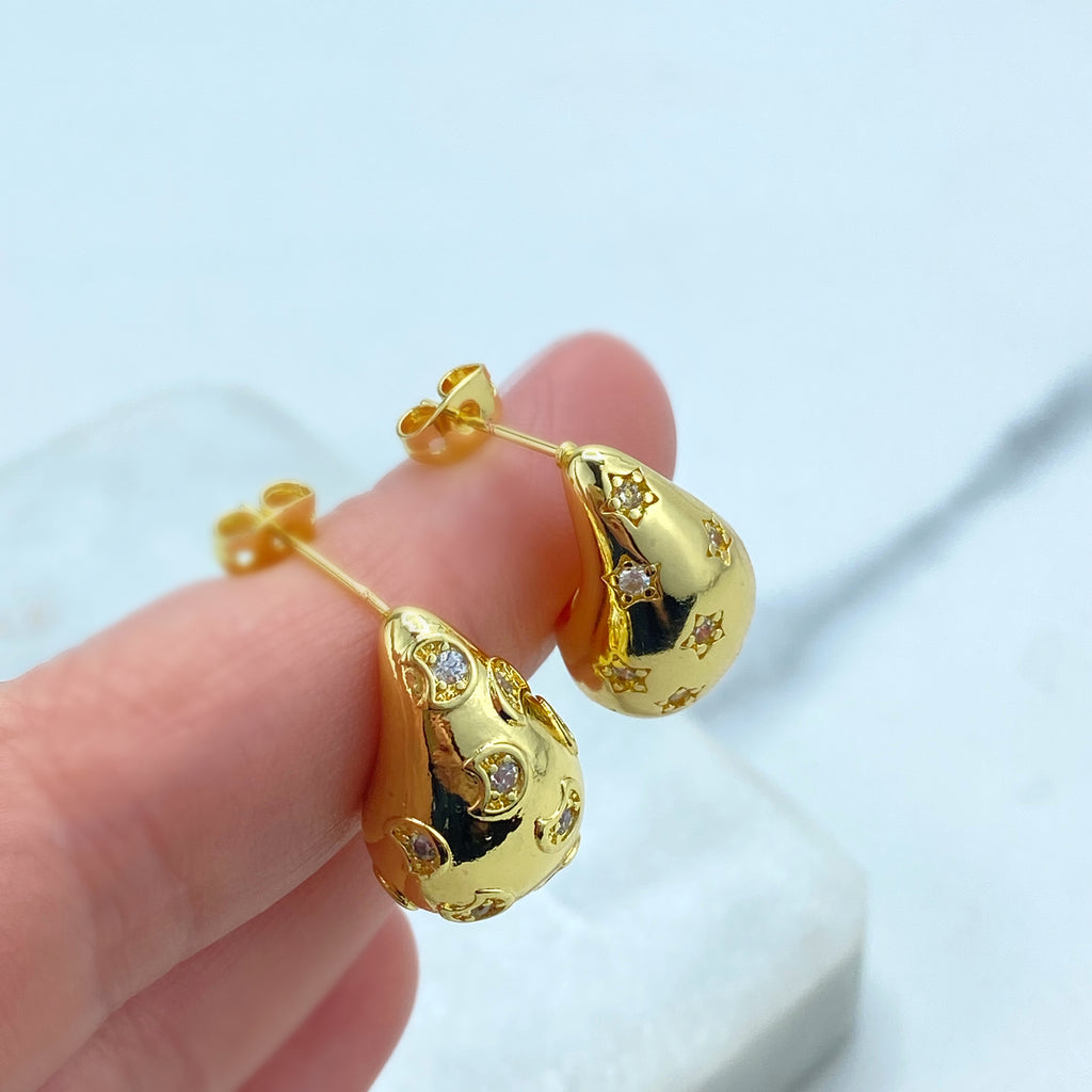 18k Gold Filled Chunky Vintage Drop Shape Earrings, Teardrop Puffed Earrings with Micro CZ, Moon and Star.