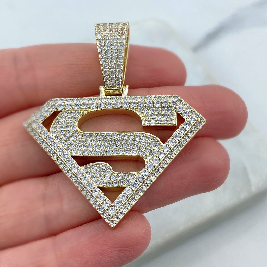 18k Gold Filled Cubic Zirconia Pave Superman Pendant