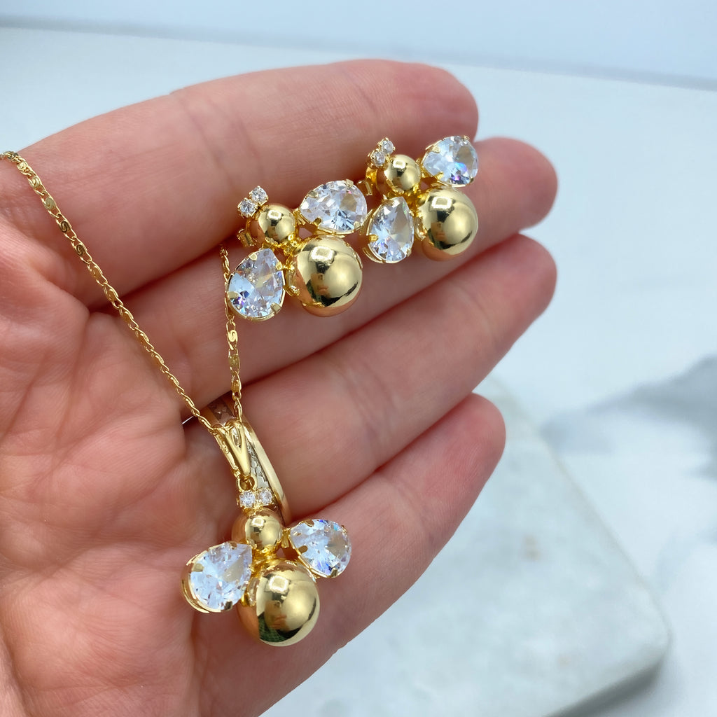 18K Gold Filled Bee Necklace and Bee Stud Earrings Set, featuring Clear Cubic Zirconia, Mariner Link Chain