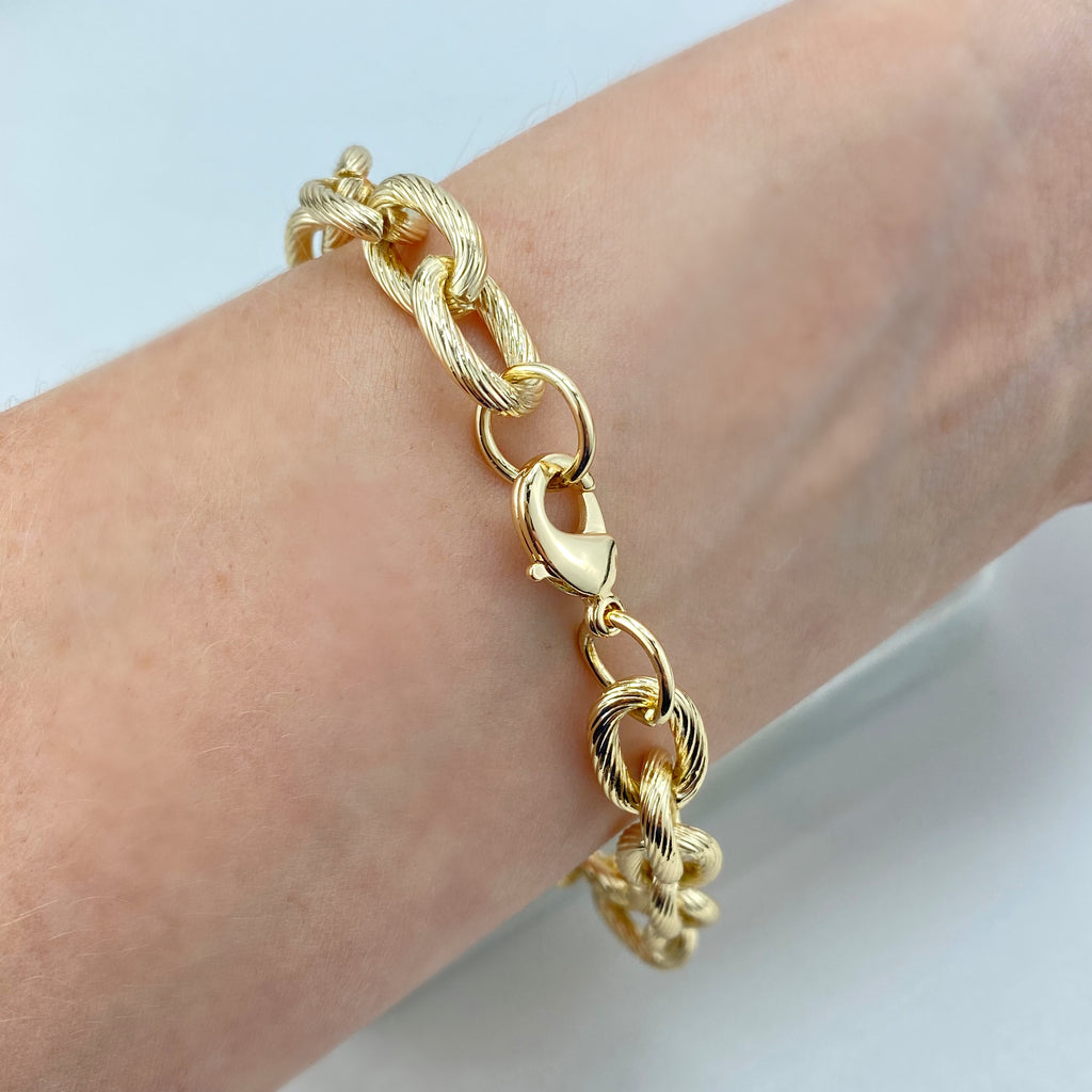 18k Gold Filled Chunky Chain Bracelet, 9mm Textured Rolo Chain Bracelet, Fine Bracelet.