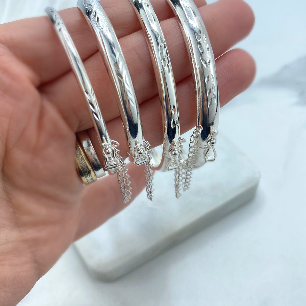 Silver Filled Bangle Bracelets with Safety Clasp and Chain, Florentine Engraved, Available in Adult and Kids Sizes, Mommy and Me Bracelets