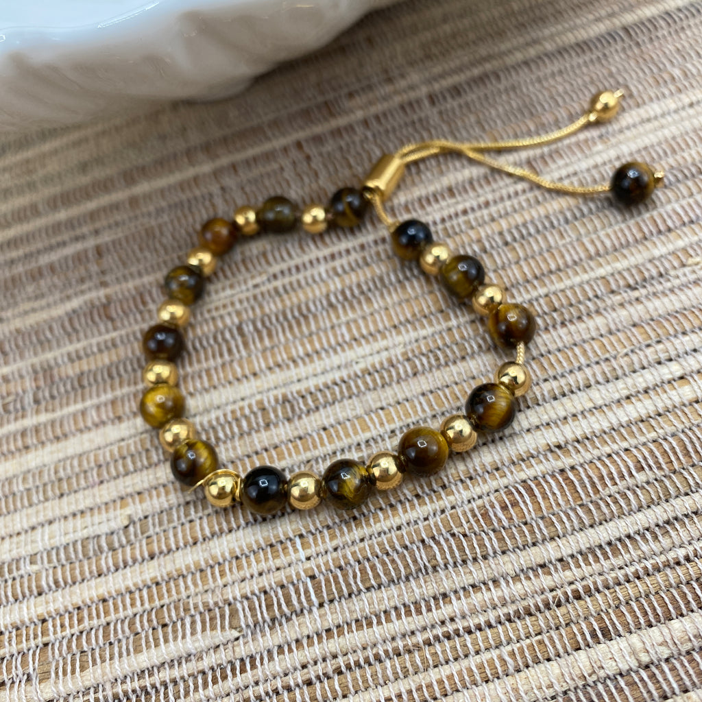 18k Gold Filled Tigers Eye Gemstone With Gold Ball Bead Adjustable Bracelet