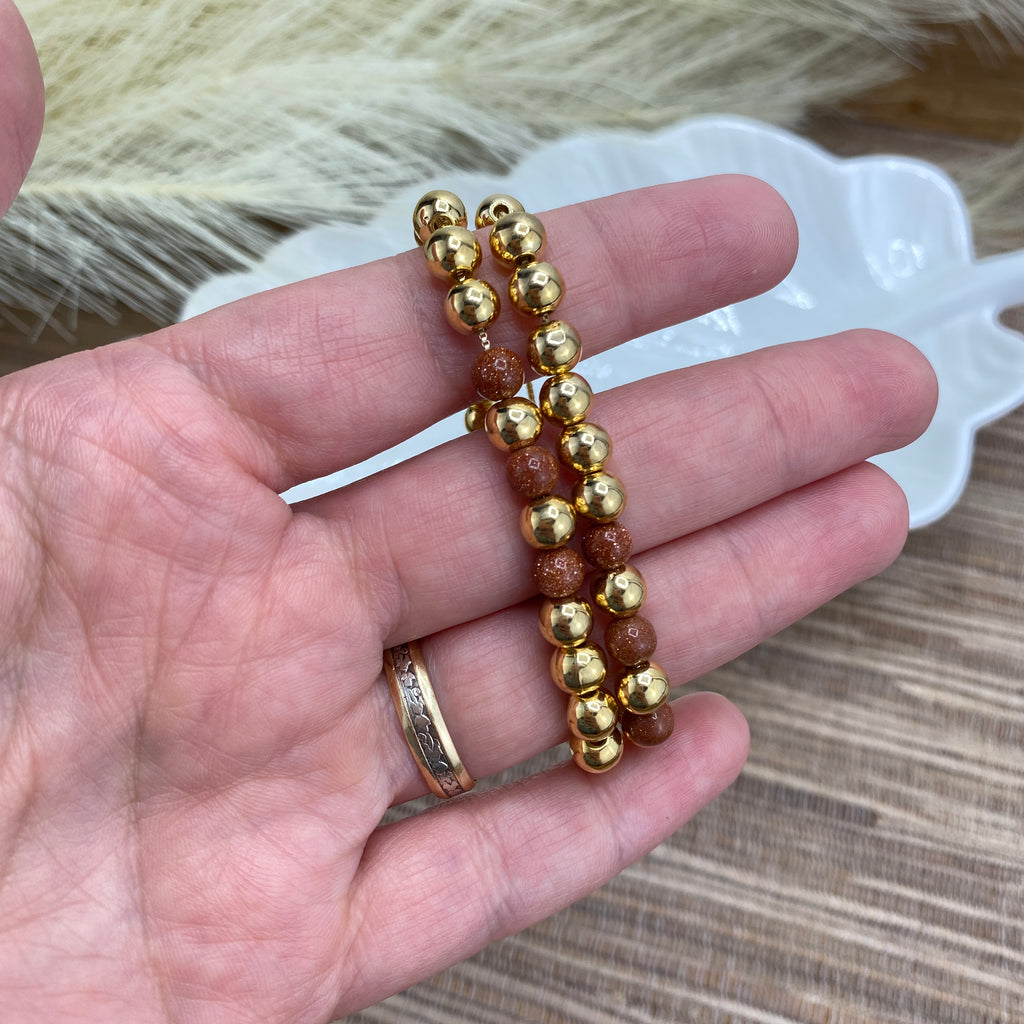 18k Gold Filled 6mm Gold Balls & Venturina Balls Beaded Adjustable Bracelet