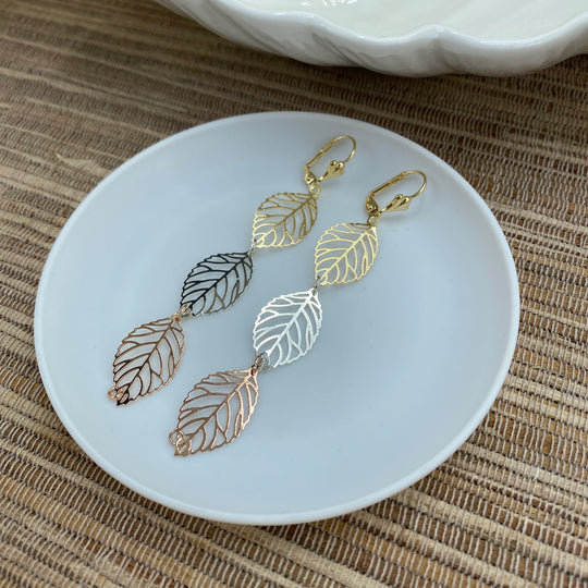 18k Gold Filled Three Tone Cutout Leaves Shape Drop & Dangle Earrings