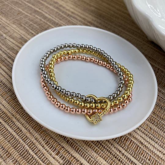 18k Gold Filled Three Tone 4mm Beads Elastic Stackable Bracelet & Micro Cubic Zirconia Heart Charm