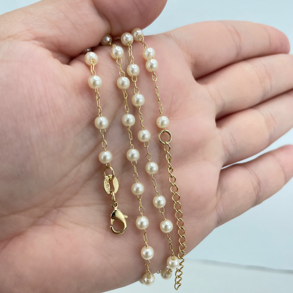 18k Gold Filled Necklace, 4mm Simulated Pearl Linked Chain with extender