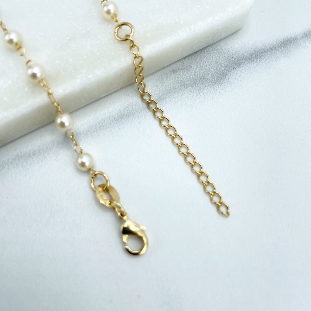 18k Gold Filled Necklace, 4mm Simulated Pearl Linked Chain with extender