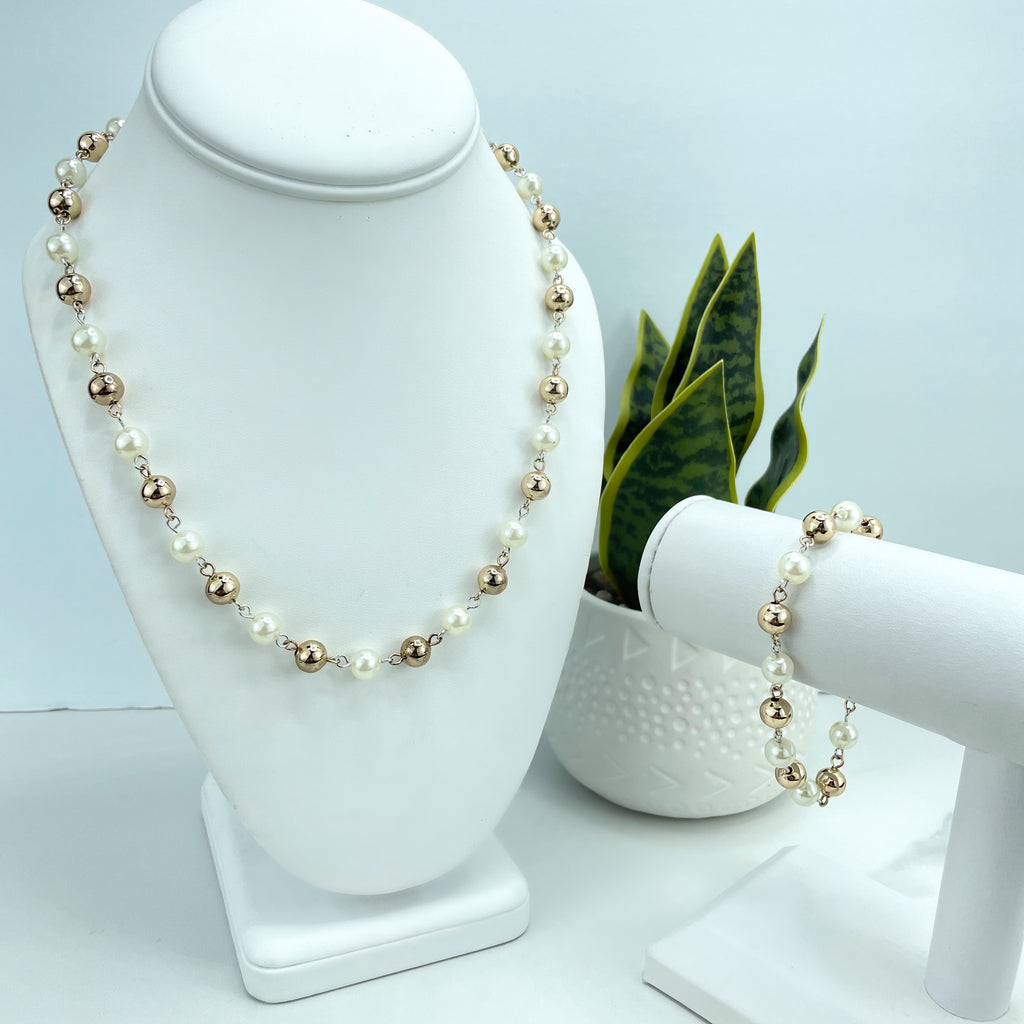 18k Gold Filled Necklace OR Bracelet Set, Gold Beads and Simulated Pearls Linked Chain