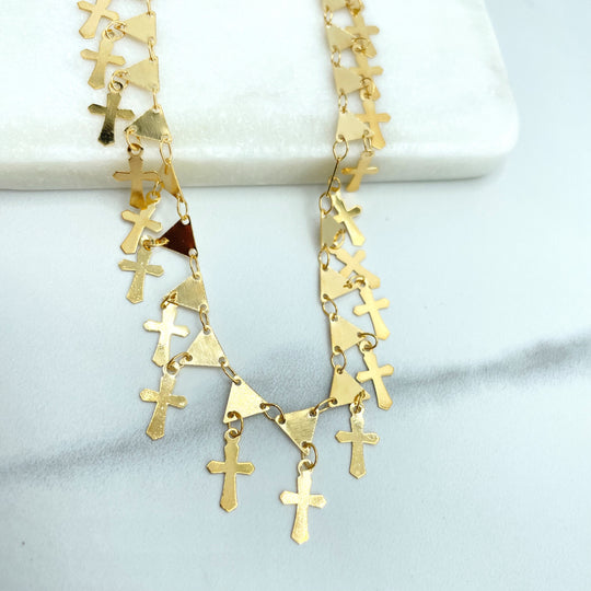 18k Gold Filled Choker Necklace Linked Triangles and Dangles Cross with Extender