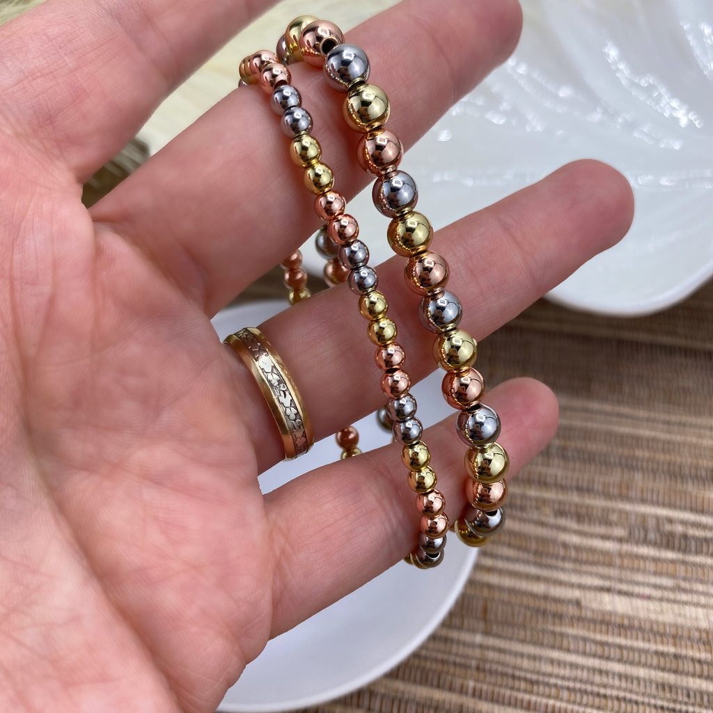 18k Gold Filled Three Tone 4mm Beads Stackable Elastic Bracelet