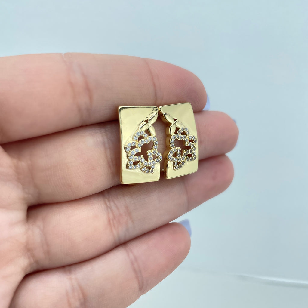 18k Gold Filled Rectangular Shape with Cutout CZ Flower Stud Earrings