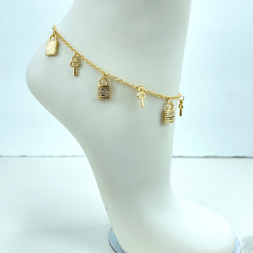 18k Gold Filled 1mm Rolo Chain with Keys and Locks Dangle Charms Anklet