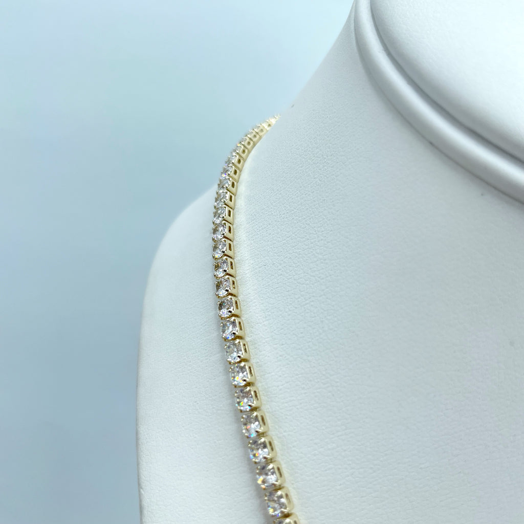 14k Gold Filled Necklace with Half Side Clear Tennis Zirconia & Half Side Curb Link Chain