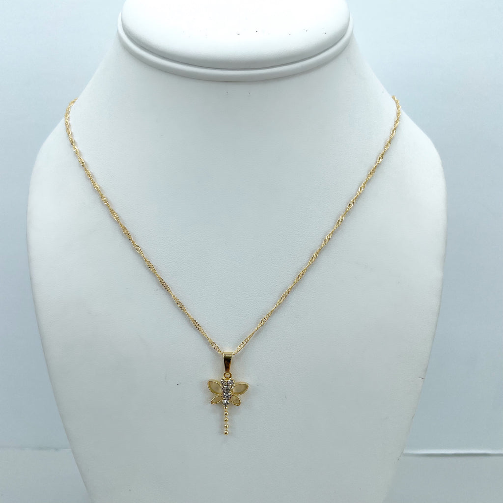 18k Gold Filled 1mm Singapore Chain Necklace with Dragon-fly Charm & Stud Earrings Set