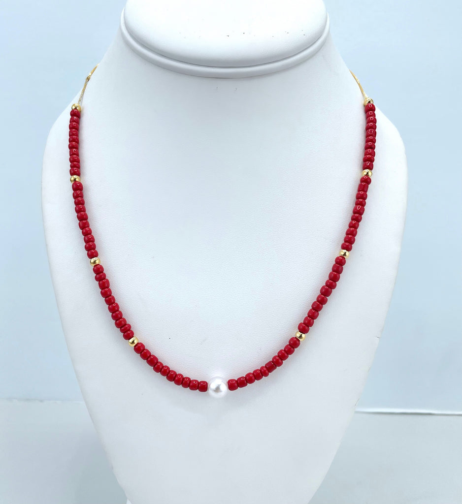18k Gold Filled Simulated Pearl, Gold Beads & Red Beads Necklace or Bracelet Set