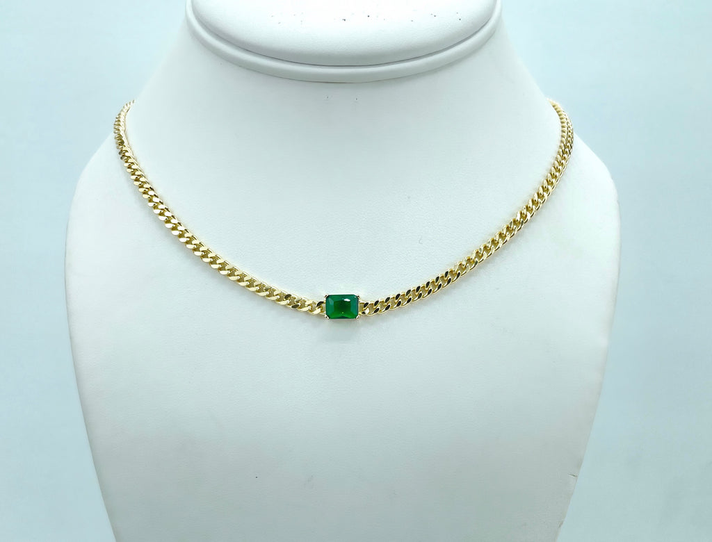 18k Gold Filled Solitaire Gemstone Flat Curb Link Chain Necklace