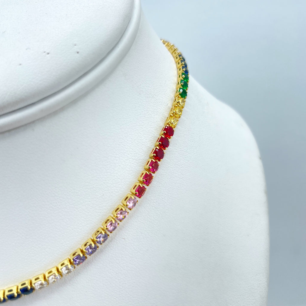 18k Gold Filled Rainbow Tennis Cubic Zirconia Choker Necklace with Extender