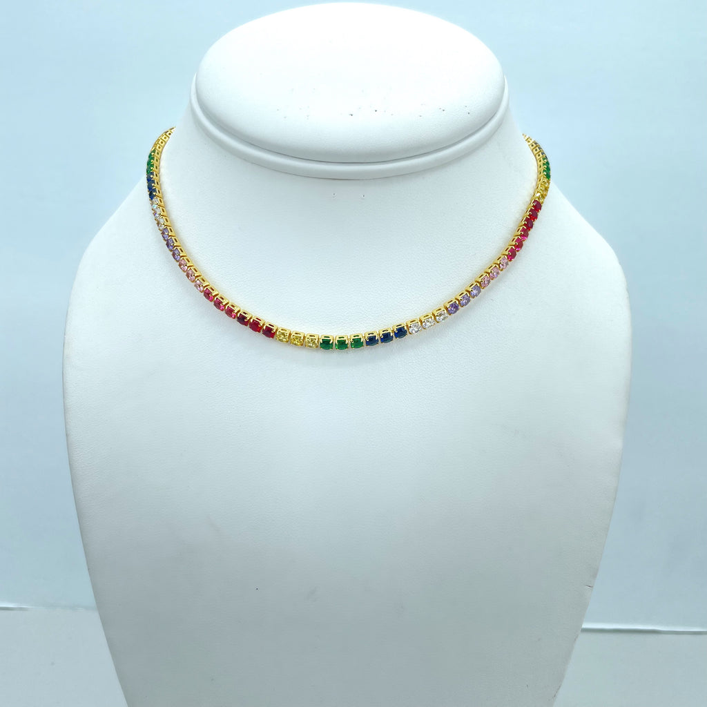 18k Gold Filled Rainbow Tennis Cubic Zirconia Choker Necklace with Extender