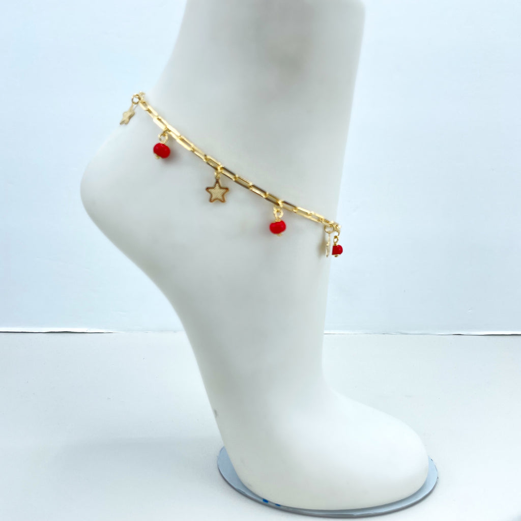 18k Gold Filled 3mm Paperclip Link Chain with Dangle Stars & Red Beads Charms Anklet