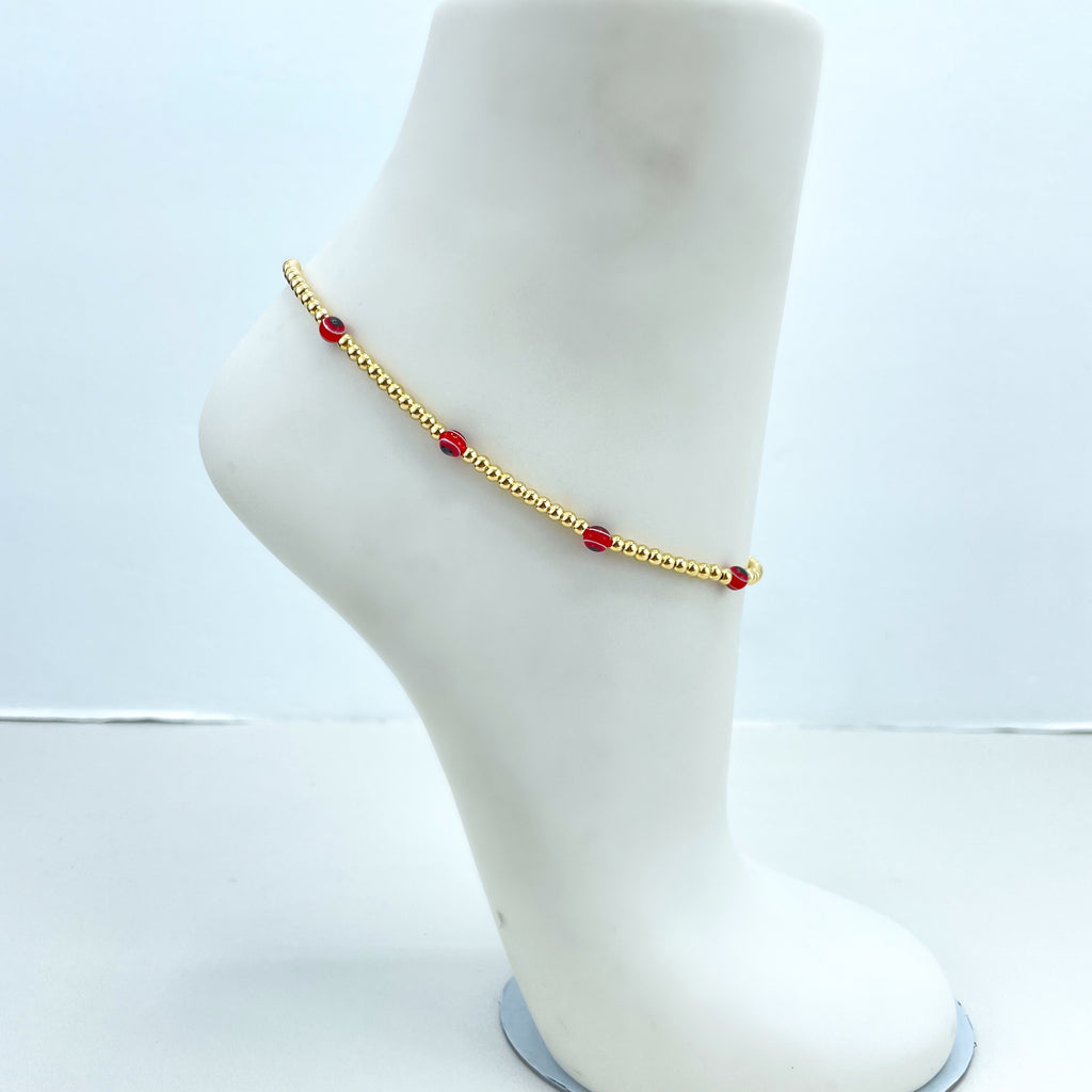 18k Gold Filled Anklet, Gold Beads and Red Evil Eye Linked & Beaded Anklet